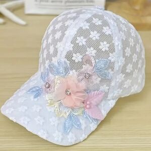 White and Pink Floral Pattern Mesh Baseball Hat Pearl Rhinestone